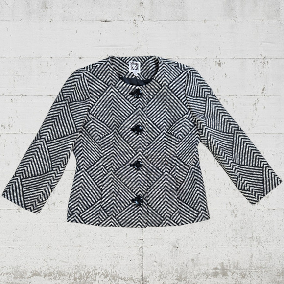Anne Klein Black Tweed Retro Diamond Single Breasted Cropped Blazer Size 2P - Picture 1 of 11